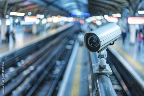 Camera for surveillance in an urban railway station. Monitoring critical infrastructures such as publicly accessible rooms and areas, CCTV, AI generated, AI generated, AI generated