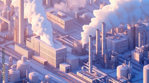 Aerial view of a modern industrial complex with smoke stacks and machinery under a pastel sky photo