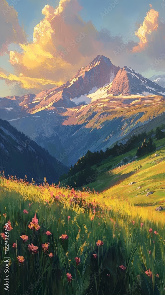 Fototapeta premium Mountain Valley Sunset Meadow Painting