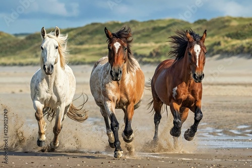 Three Irish wild horses gallop dynamically on a sandy beach with splashing sand, AI generated, AI generated