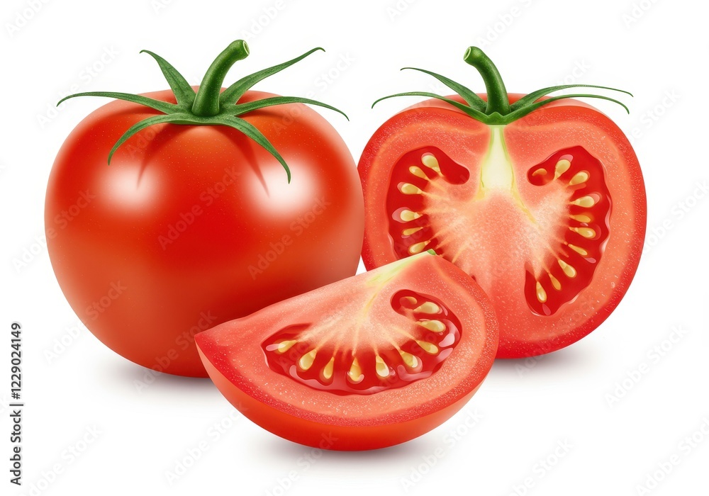 A whole ripe red tomato with a green stem next to a halved tomato revealing its juicy interior and seed isolated on a white background