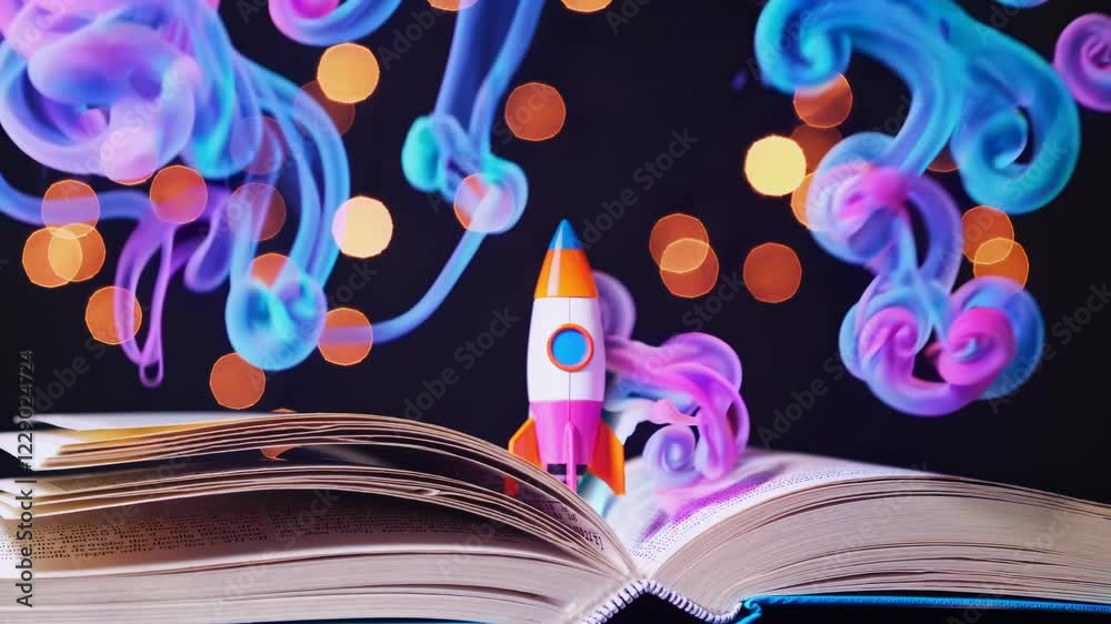 Beautiful abstract illustration with a toy rocket launching from a stack of colorful books, surrounded by swirling bokeh lights and soft smoke trails rising into the sky. The scene symbolizes inspirat