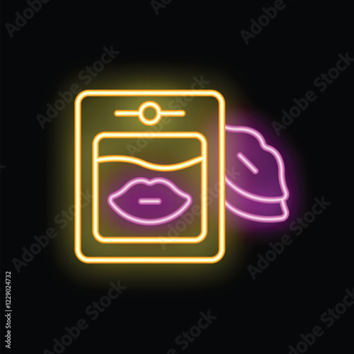Neon glowing icon of an online advertisement for lip gloss or lipstick on a smartphone