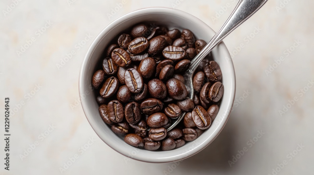 Fototapeta premium Roasted coffee beans in a bowl with a spoon.
