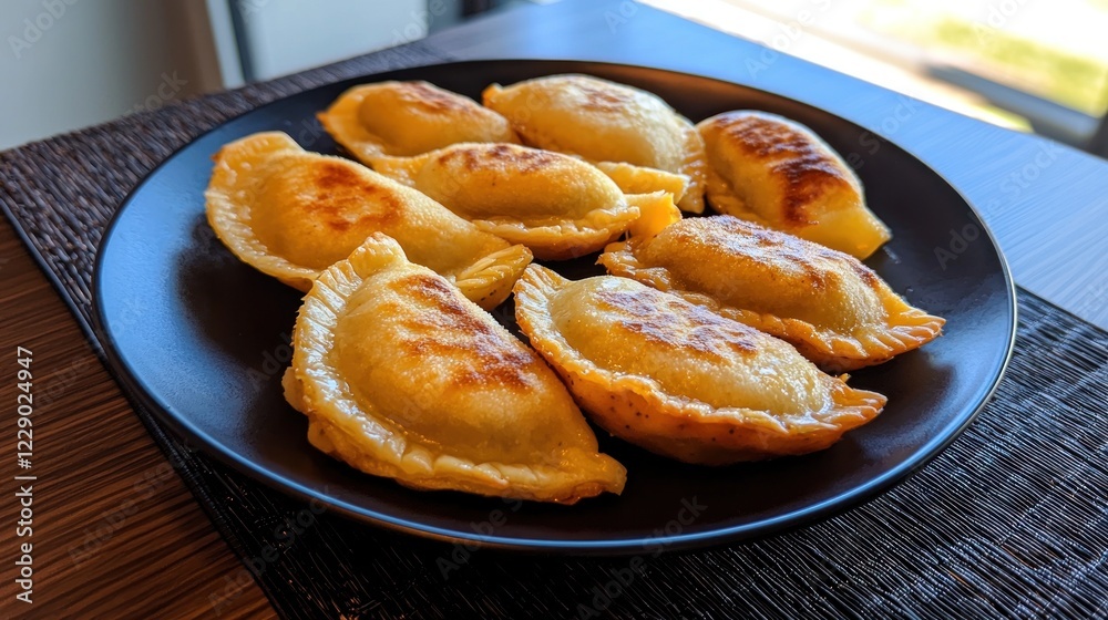Golden Brown Fried Pierogi on Dark Plate Golden Brown Fried Pierogi on Dark Plate