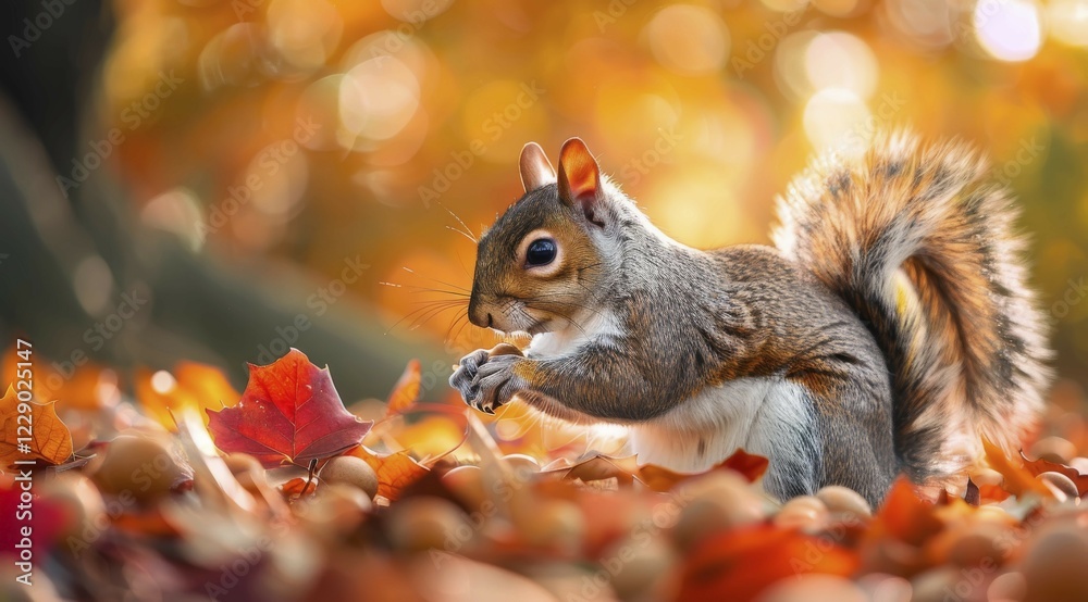 Squirrel eating amidst the autumn leaves with golden light, ai generated, AI generated Squirrel eating amidst the autumn leaves with golden light, ai generated, AI generated