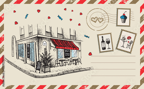 Postcard, mail, Paris cafe sketch illustration.