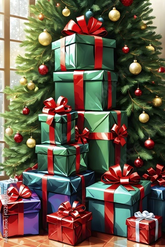 Abstract illustration of wrapped Christmas gifts, shiny ribbons and bows, stacked under a evergreen tree in a cozy living room, AI generated