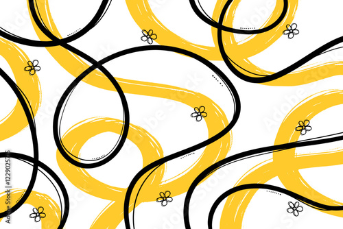 Playful Yellow and Black Bold and Grunge Doodle Wavy Noodle Lines with Flowers. Geometric abstract curvy swirls. Playful modern and simple wall art with trendy colors. Retro childish background 