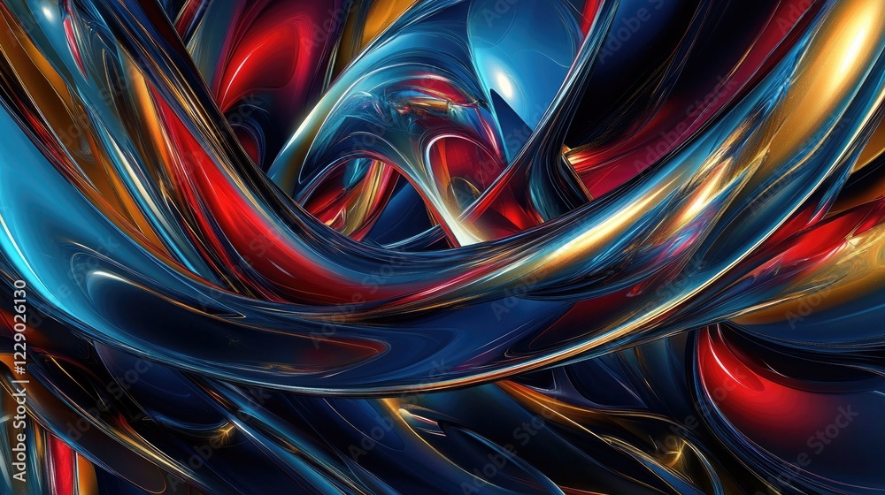A bold and vibrant abstract painting with swirling strokes of blue, red, and gold, exuding power and creativity A bold and vibrant abstract painting with swirling strokes of blue, red, and gold, exuding power and creativity