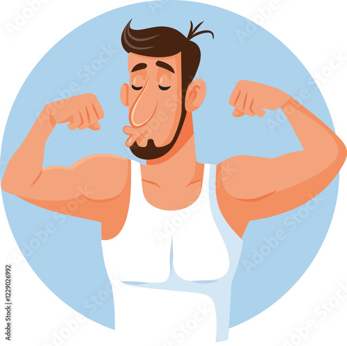 Fit Man in Love with himself Flexing Biceps Vector Character. Self loving confident bodybuilder boosting his confidence
