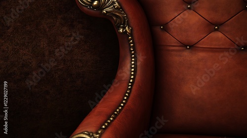 Elegant Brown Leather Armchair Detail Ornate Gold Accents