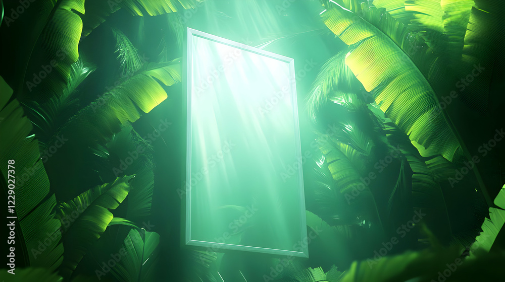 Obraz premium Jungle mirror mockup, sunlit leaves, tropical ad