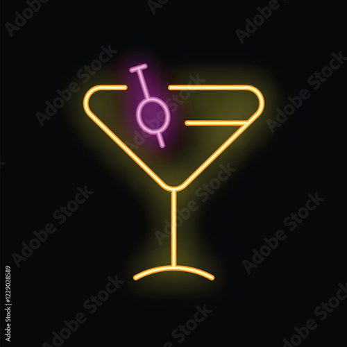 Neon sign showing cocktail glass with olive on black background