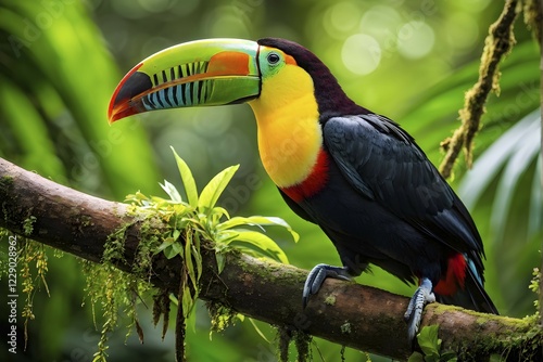 Vibrant toucan perched on a gnarled branch in a dense rainforest, AI generated photo