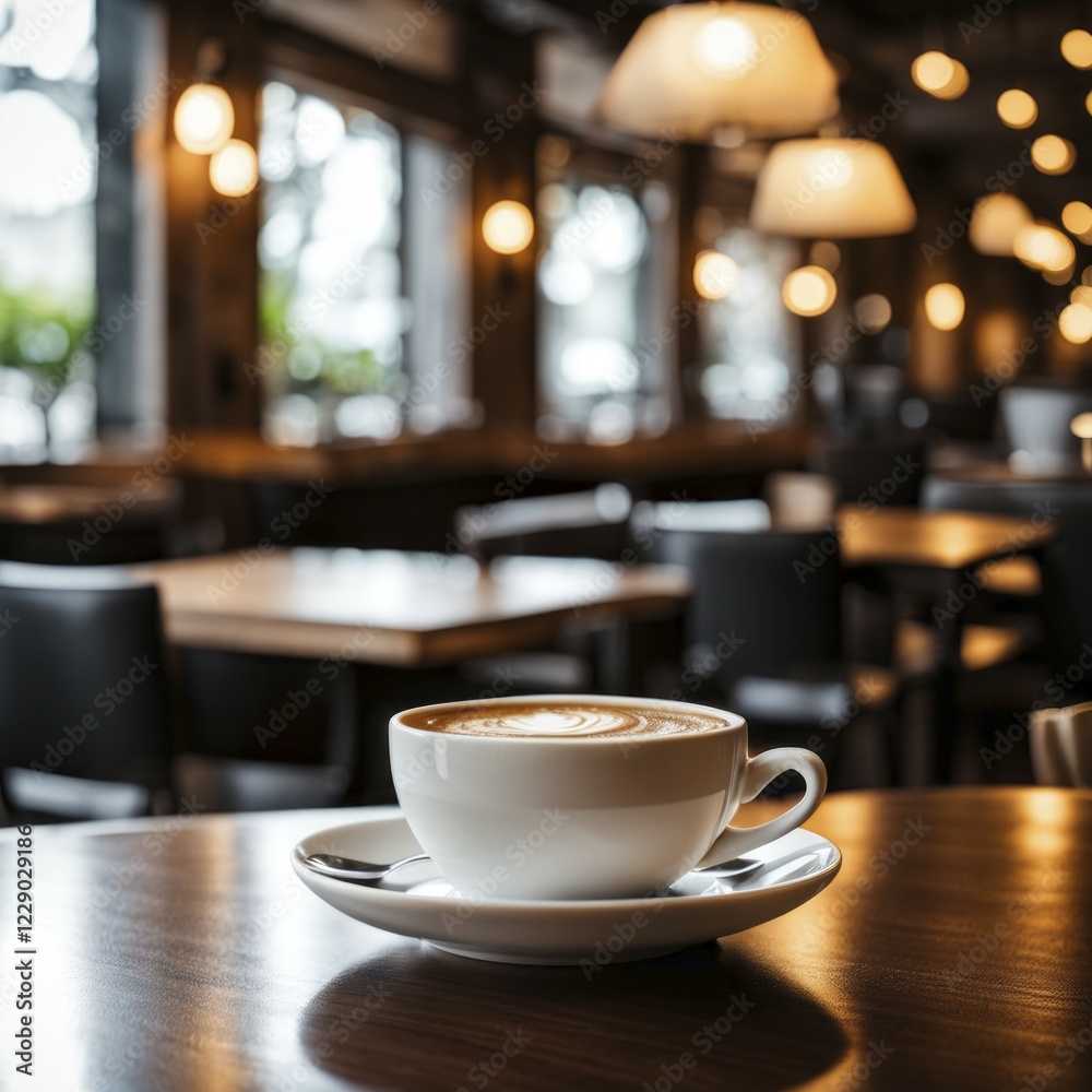 Fototapeta premium Inviting cafe interior with a coffee cup on a saucer, warm lighting, and a cozy atmosphere, AI generated