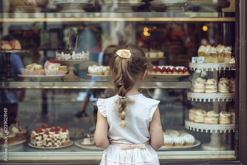 Wallpaper Mural Young girl child looking at various cakes and cupcakes through shopping window of pastry shop. KI generiert, generiert, AI generated Torontodigital.ca