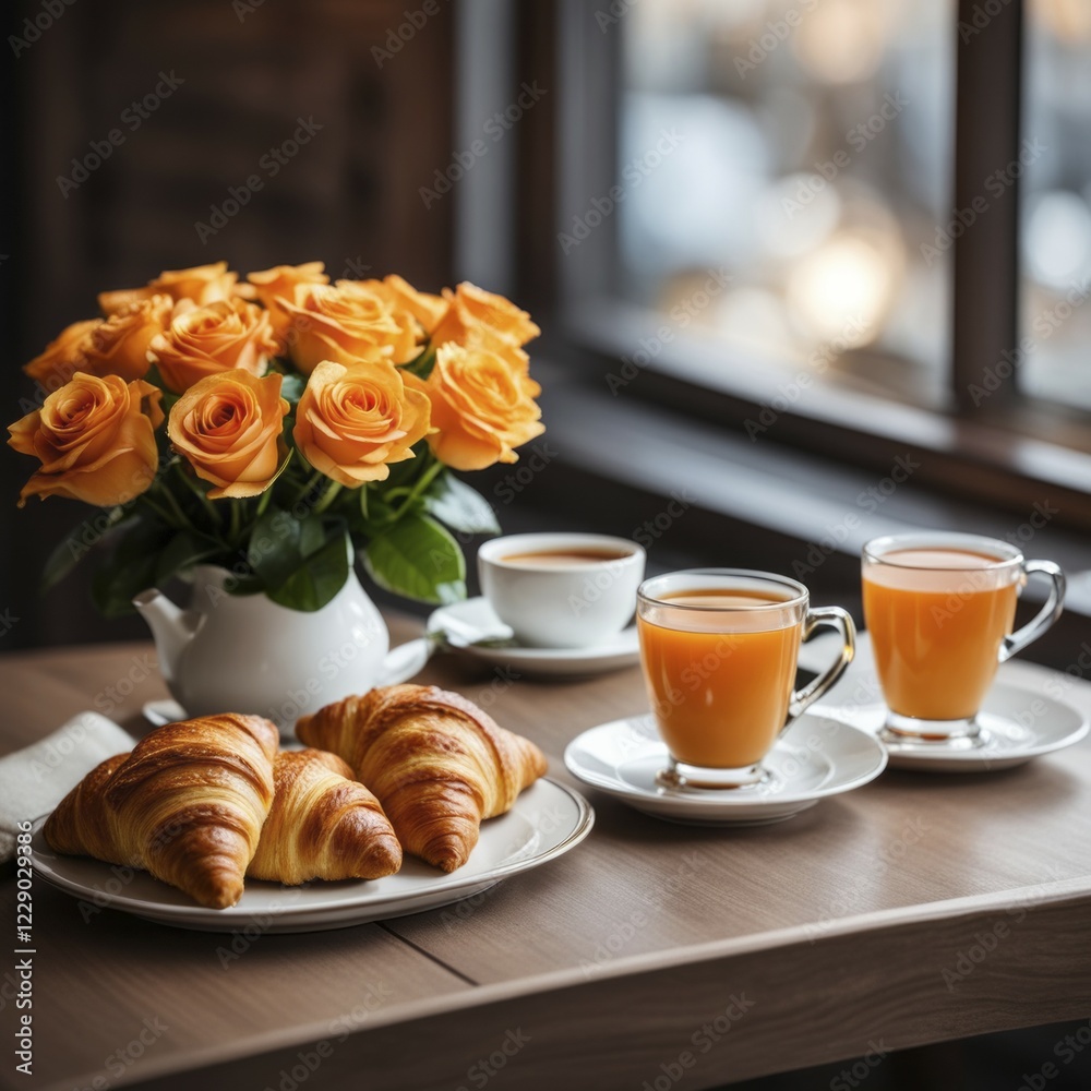 Breakfast setup with croissants and coffee next to a window with orange roses on the table, AI generated