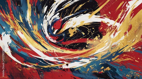 A dynamic abstract painting with bold red, gold, and blue brushstrokes swirling in a vibrant and energetic pattern