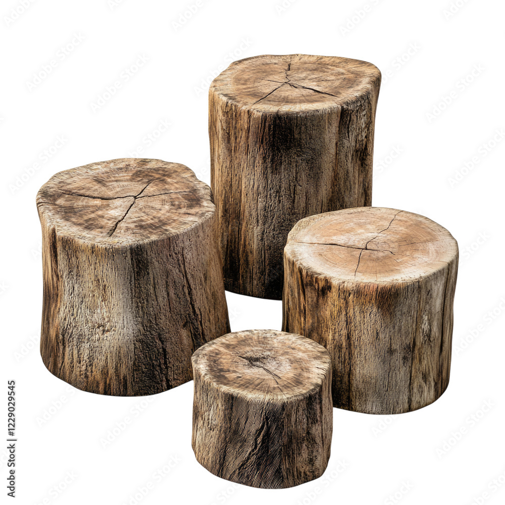 Four different tree stumps of various shapes and sizes, against a white background alpha, transparent background png Four different tree stumps of various shapes and sizes, against a white background alpha, transparent background png