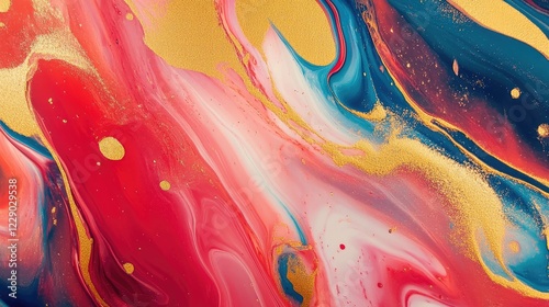 A dynamic abstract painting with bold red, gold, and blue brushstrokes swirling in a vibrant and energetic pattern