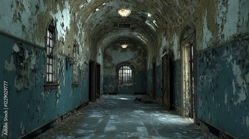 A long, narrow corridor with peeling paint, broken windows, and a barred door, leading to a single light source at the end. photo