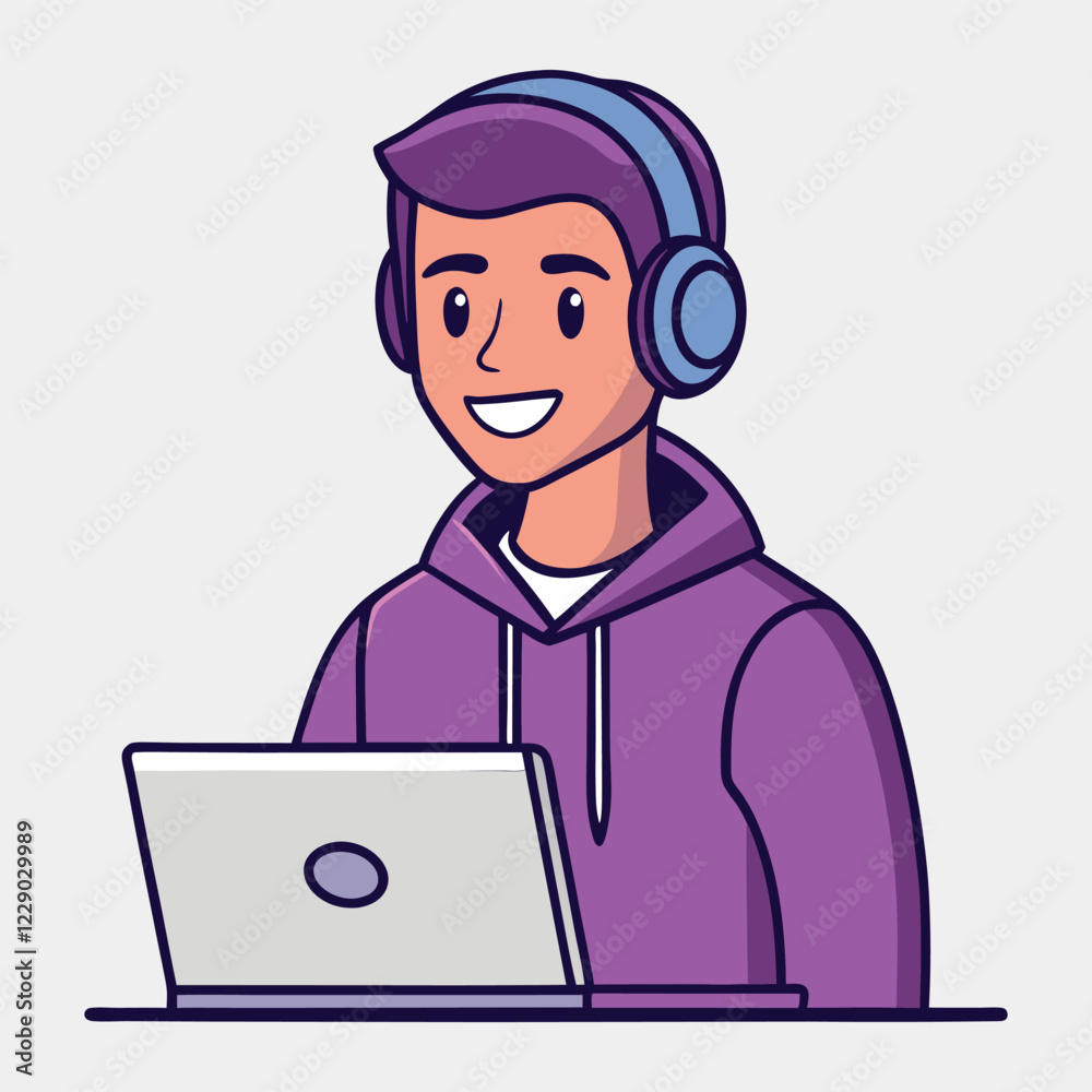 Smiling young man in headphones working on a laptop Smiling young man in headphones working on a laptop