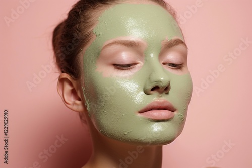 Woman's face with green tea matcha beauty face mask. KI generiert, generiert AI generated photo