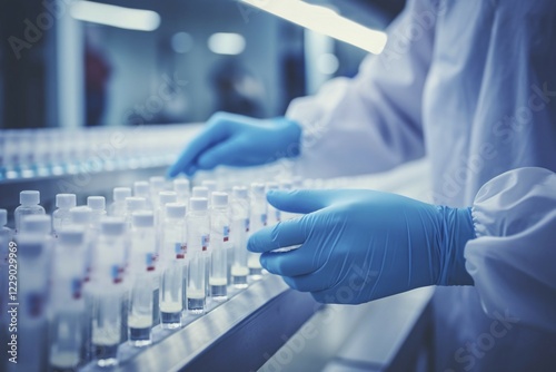 Hands with blue sanitary gloves sorting vials in research labarotory. KI generiert, generiert AI generated photo