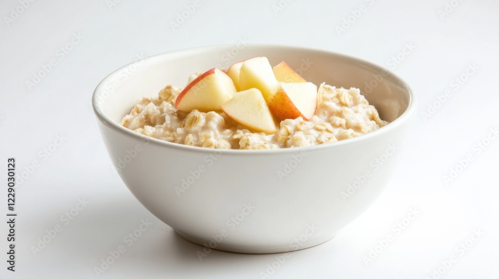 A minimalist bowl of plain oatmeal with a few fresh apple chunks on top, served in a simple white ceramic bowl, Oatmeal centered A minimalist bowl of plain oatmeal with a few fresh apple chunks on top, served in a simple white ceramic bowl, Oatmeal centered