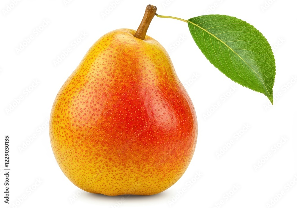 A ripe speckled yellow and red pear with a single green leaf attached to the stem isolated on a white background A ripe speckled yellow and red pear with a single green leaf attached to the stem isolated on a white background