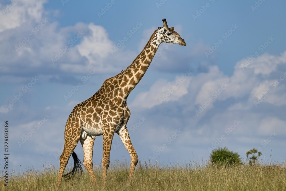 Obraz premium Giraffe (Giraffa camelopardalis), bull walking through savannah, Masai Mara, Kenya, Africa