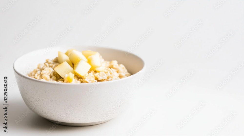 A minimalist bowl of plain oatmeal with a few fresh apple chunks on top, served in a simple white ceramic bowl, Oatmeal centered A minimalist bowl of plain oatmeal with a few fresh apple chunks on top, served in a simple white ceramic bowl, Oatmeal centered