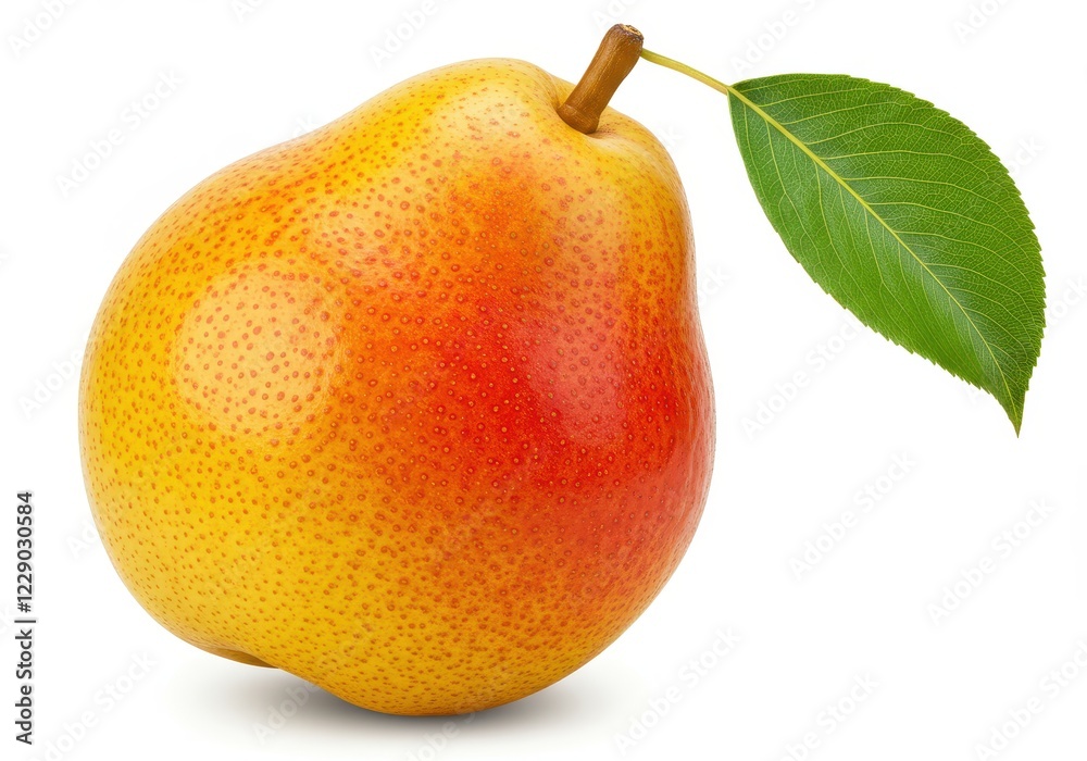 A ripe speckled yellow and red pear with a single green leaf attached to the stem isolated on a white background A ripe speckled yellow and red pear with a single green leaf attached to the stem isolated on a white background