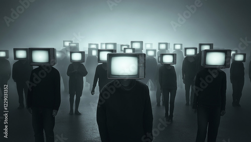 People with TV Heads Symbolizing Mass Media Influence & Mind Control – Surreal Propaganda Concept