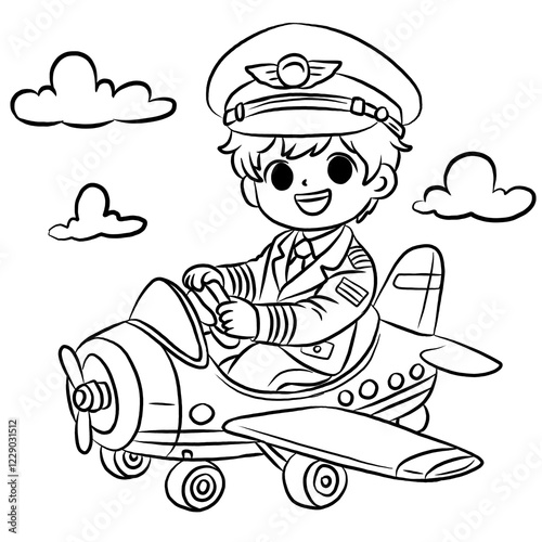 Line art cartoon of a child riding an airplane, pilot profession for kids. Vector illustration. Coloring book