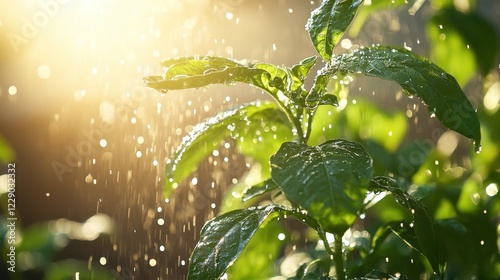 Close-up of vibrant green plants actively photosynthesizing under bright sunlight, showcasing the dynamic process of natural transpiration Water vapor is visibly released from leaves, a clear photo