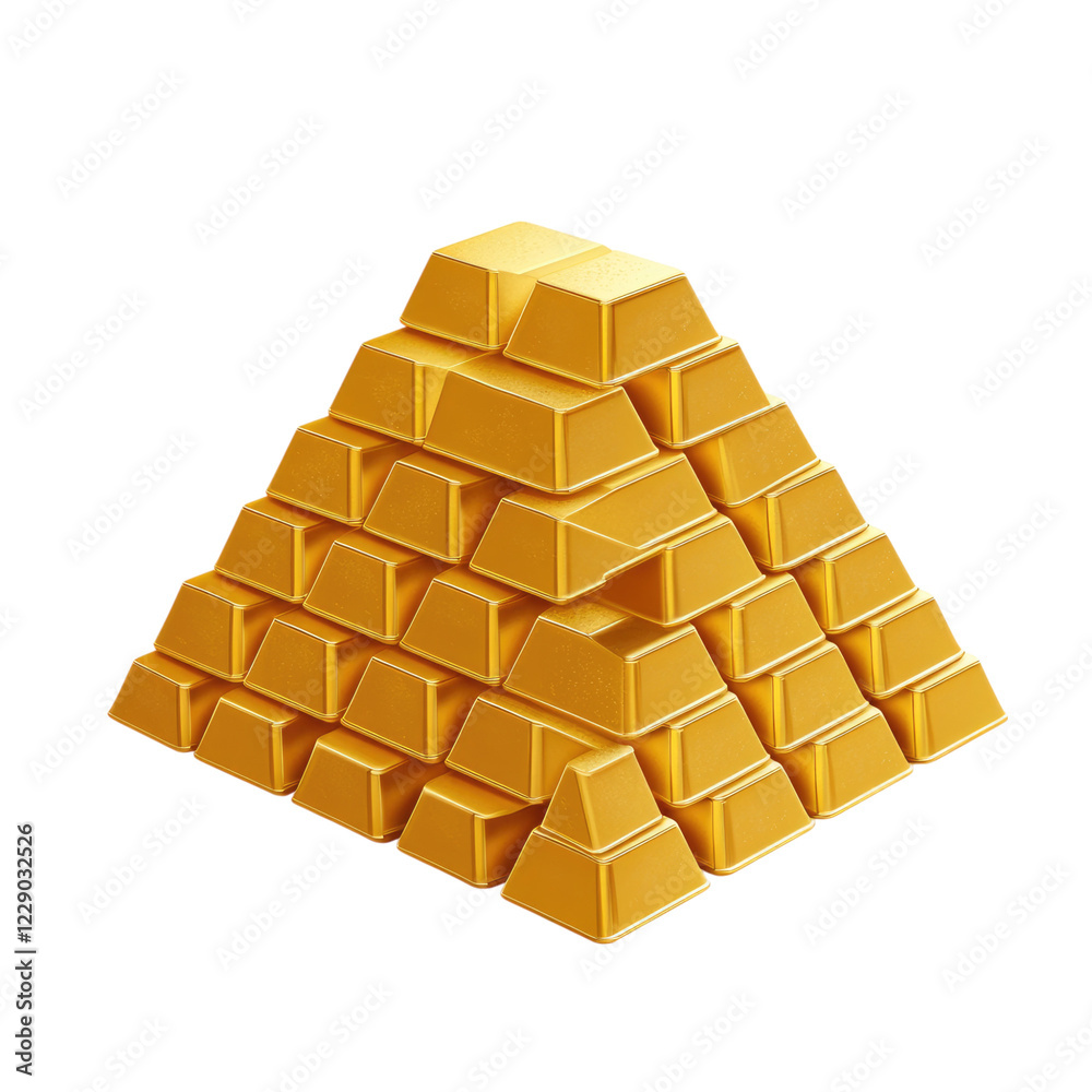 Gold bars stacked in a pyramid shape on a white background. Golden ingots or gold bullions alpha, transparent background png Gold bars stacked in a pyramid shape on a white background. Golden ingots or gold bullions alpha, transparent background png