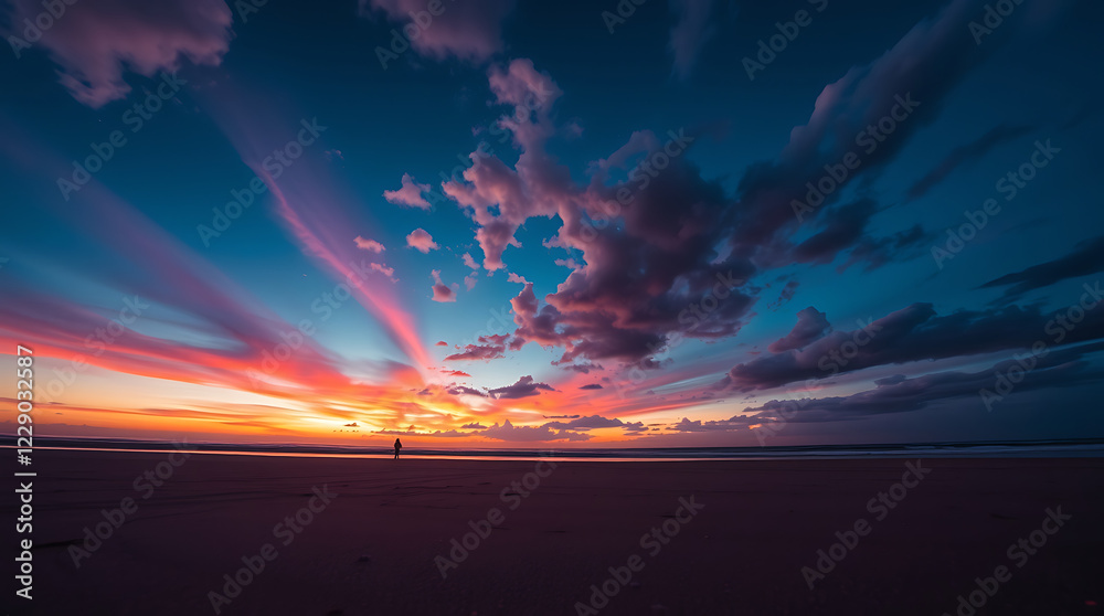 Fototapeta premium Dramatic sunset over desert, vibrant sky, colorful clouds, sun rays, wide horizon, silhouette landscape, panoramic view, deep blue to orange gradient, atmospheric lighting, expansive sky, ethereal moo