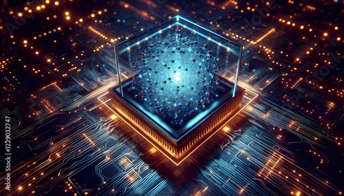 A glowing quantum processor with entangled particles, surrounded by futuristic circuits and neon lights, illustrating the power of quantum computing in data processing