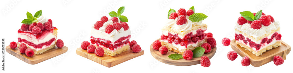 Raspberry lasagna slice on a wooden tray, surrounded by fresh raspberries and whipped cream, isolated on white background. set cutout png. Raspberry lasagna slice on a wooden tray, surrounded by fresh raspberries and whipped cream, isolated on white background. set cutout png.