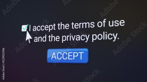 Video animation of a website with the terms of use and privacy policy and the button for accept and a checkbox for confirmation.