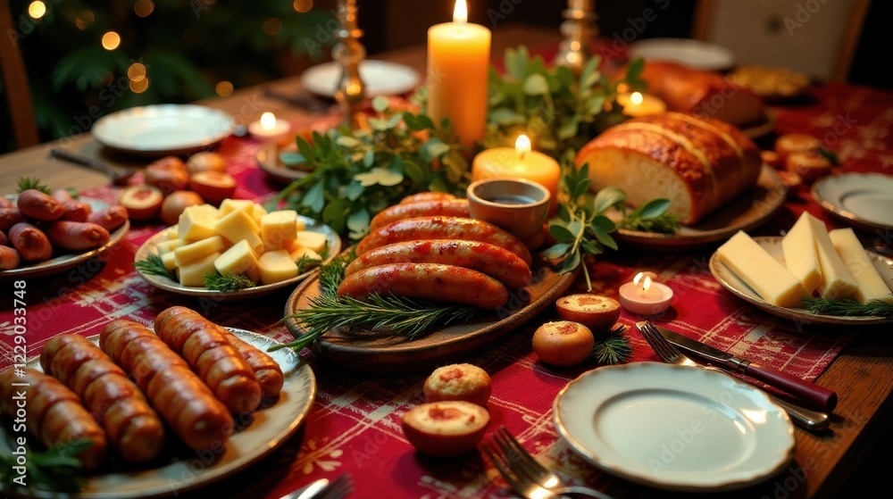 A Festive Table Setting with Savory Sausages, Artisan Bread, and Cheeses A Festive Table Setting with Savory Sausages, Artisan Bread, and Cheeses
