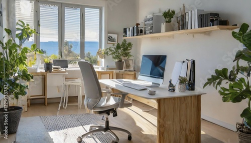 AI generated, home office, homeoffice, working from home, job, room, space, telecommunication, chair, desk, PC, computer, workplace, empty, nobody, abandoned, deserted, a part-time job or optional full-time job, home office, office, AI generated