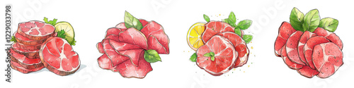 Cartoon-style beef carpaccio, thin slices of beef arranged in a playful design, isolated on white background. set cutout png.