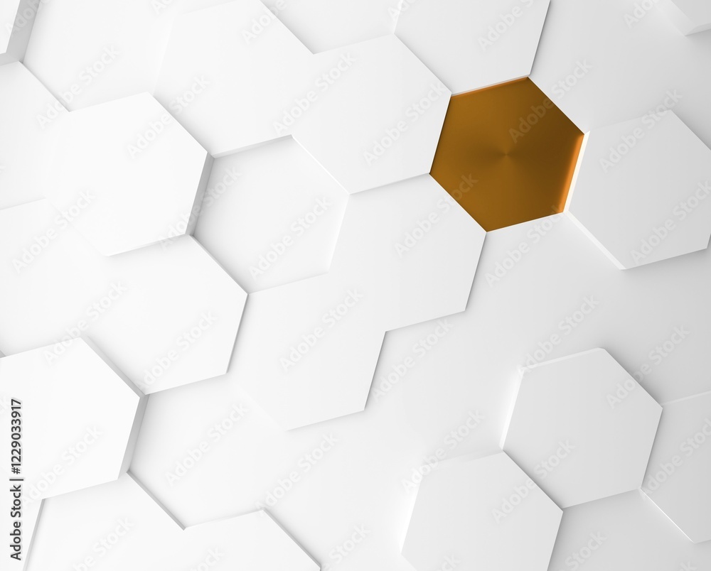 Abstract background with white hexagons and a golden metallic one, 3d rendering Abstract background with white hexagons and a golden metallic one, 3d rendering
