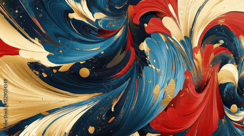 A vibrant abstract artwork featuring dynamic swirls of blue, red, and gold brushstrokes bursting with energy