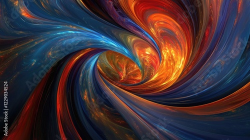 A vibrant abstract artwork featuring dynamic swirls of blue, red, and gold brushstrokes bursting with energy