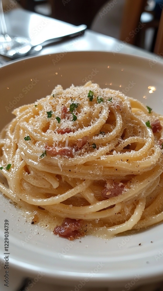 A tempting serving of spaghetti carbonara awaits, twirled elegantly on a plate, sprinkled with cheese and crispy pancetta. The warm, inviting atmosphere enhances every bite of this traditional dish A tempting serving of spaghetti carbonara awaits, twirled elegantly on a plate, sprinkled with cheese and crispy pancetta. The warm, inviting atmosphere enhances every bite of this traditional dish