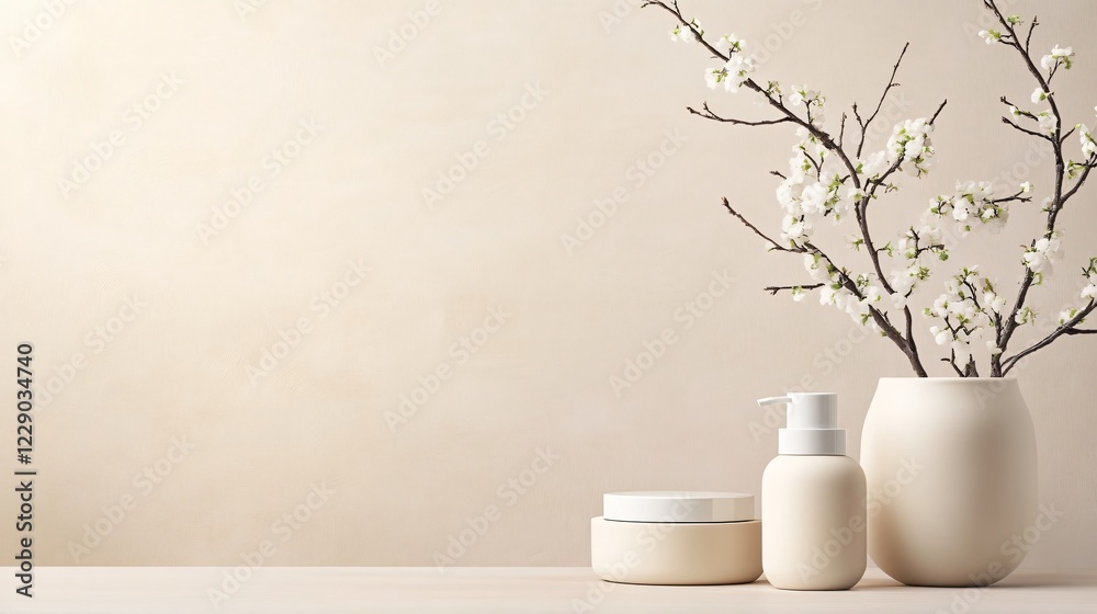 A serene display of skincare products next to a vase with delicate white flowers, set against a soft, neutral background. A serene display of skincare products next to a vase with delicate white flowers, set against a soft, neutral background.